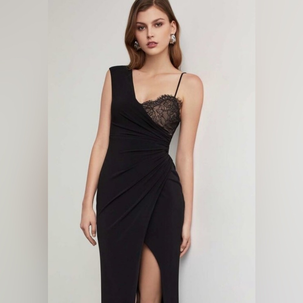 BCBGMaxAzria Black One Shoulder Ruched Gown